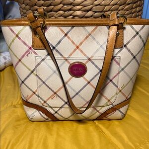 Coach Multicolor Plaid Cream Canvas Tote with Tan Leather Trim